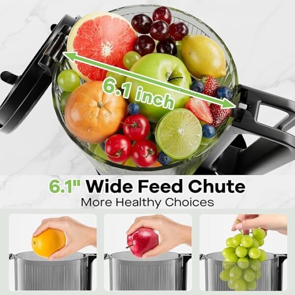 Cold Press Juicer, 5.82" Wide Feed Chute Juicers with 350w Power Motor, Slow Masticating Juicer Machine with High Juice Yield for Whole Vegetables & Fruits, Easy to Clean, Black Gray - Image 2